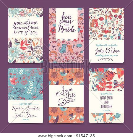 Sweet wedding romantic collection with 6 awesome cards made of hearts, flowers, couple of lovers, cats, wreaths, butterflies and birds. Lovely save the date invitation cards in vector.