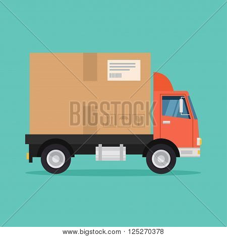 Delivery truck vector illustration. Delivery service concept. Delivery truck in flat style. Postal service icon. Delivery box truck. Fast delivery of goods. Delivery van design.