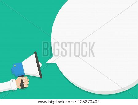 Hand holding megaphone with blank speech bubble. Empty speech bubble for advertising warning announce. Speak shout to call announcing through a megaphone. Announcing the alarm to warn.