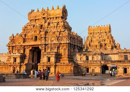 TANJORE, INDIA - MARCH 26, 2011: People visiting famous Brihadishwarar Temple in Tanjore (Thanjavur), Tamil Nadu, India. IT is the UNESCO World Heritage Site and importang religious pilgrimage point