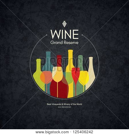 Wine list design. Vector brochure template for wine shop, winery, wine list, cafe, restaurant, bar. Food and drinks logotype symbols. Wine bottles and wine glasses