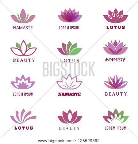 Vector spa, boutique, beauty salon, cosmetician, shop, yoga class, hotel and resort logo set with lotus flowers. Lotus namaste boutique, cosmetician lotus icon, lotus yoga class illustration