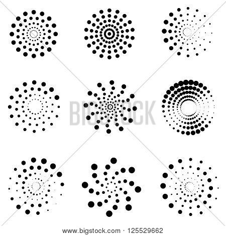 Abstract dotted spirals vector set. Dotted whirlpool spiral, dot spiral twirl, creativity spiral whirl motion illustration