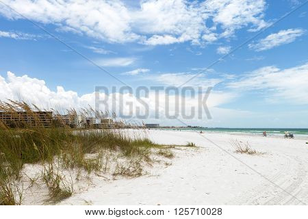 Siesta Key Beach is located on the gulf coast of Sarasota Florida with powdery sand. Recently rated the number 1 beach location in the United States. Shallow depth of field with focus on the grasses.