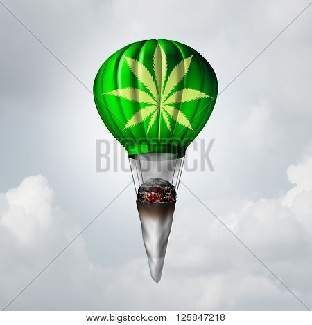 Marijuana joint concept as a rolled pot lit up with smoke coming out and tied to a rising 3D illustration air balloon as a metaphor for getting high on a recreational drug or the rise of medicinal cannabis symbol.