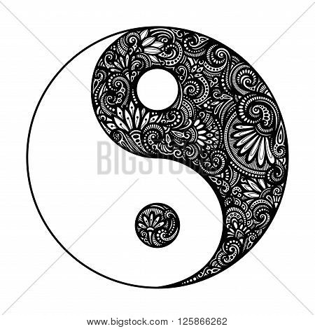 Vector Ornate Yin Yang Symbol. Beautiful Decorative Emblem. Black and White Illustration