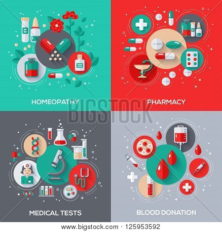 Flat Design Vector Illustration Concepts of Healthcare and Medicine. Herbal Treatment, Homeopathy. Pharmacy, Drugs and Pills. Medical Tests. Blood Donation.