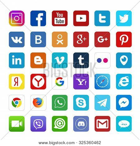 Set Of Popular Social Media Logos: Instagram, Facebook, Twitter, Youtube, Whatsapp, Linkedin, Pinter