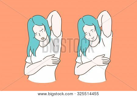 Sweat, Hyperhidrosis, Hygiene Concept. Young Woman Or Girl With A Bad Mood With A Problem Of Wet Arm