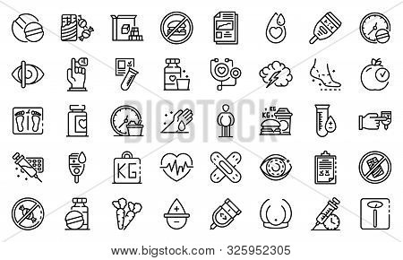 Diabetes Icons Set. Outline Set Of Diabetes Vector Icons For Web Design Isolated On White Background