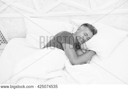 Peaceful Mature Man Relaxing. Good Sleep Is Reachable Dream. World Sleep Day. Benefits Of Good And H