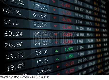 Stock Exchange Board With Market Index, Vector Graphs And Charts. Stock Market Ticker Display Or Scr