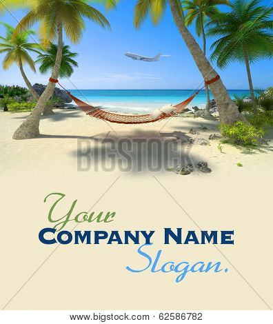 Exotic travel composition with a flying plane, a tropical beach with a hammock hanging from palm trees