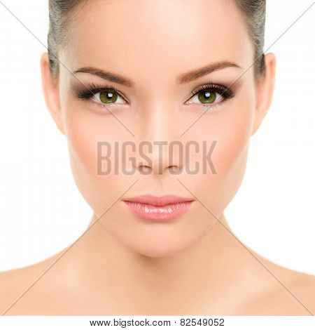 Beautiful asian woman with green eyes and perfect beauty makeup. Mixed race chinese caucasian young girl with green eyes cosmetic concept. Perfect features and skin.