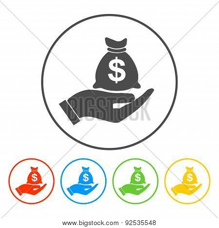 Money Insurance Sign. Hand Holds Cash Bag In Dollars Symbol. Modern Ui Website Navigation. Vector