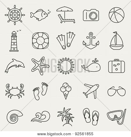 Sea And Beach Line Icons. Vector Set.