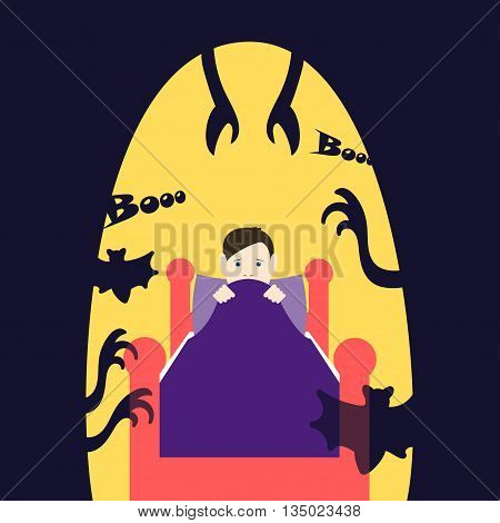 Children's fears. Vector illustration
Night children's fears. Child in bed afraid at night. Common childhood fears