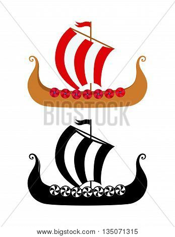 Drakkar - Viking's Ship in Nordic Sea. Wooden Warships of Scandinavian Ancient Warriors. Vector Illustration of boat and silhouetter image isolated on white background.