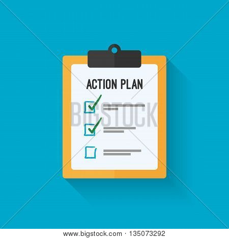 Action plan clipboard icon design over a blue background. Board goal check list icon. Vector flat style design with long shadow. Vector