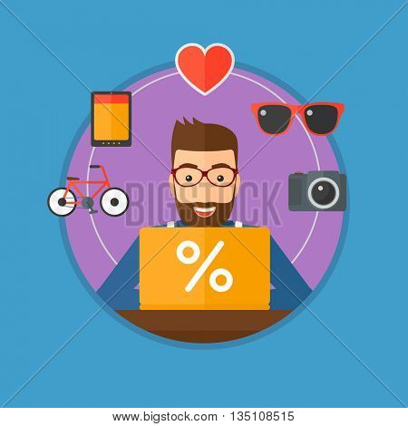 A hipster man sitting in front of laptop and some images of goods around him. Man doing online shopping. Man buying on internet. Vector flat design illustration in the circle isolated on background.