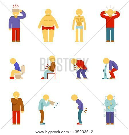 Sick people icons. Symptoms of disease people pictograms. Man illness, sickness man, pain icon, problem sick, headache sick. Vector illustration