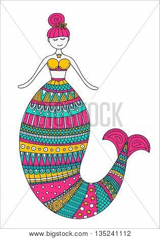 Cute doodle mermaid. Vector hand drawn mermaid with color doodle ornament. Isolated. Bright colors - pink yellow gren white.