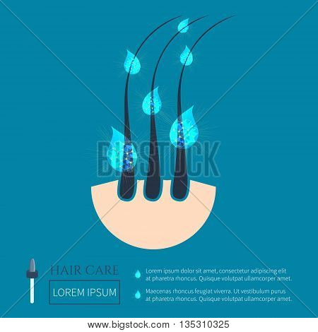 Hair follicles with serum essence drops. Hair care moisture formula treatment design. Hair treatment design template with place for your text. Hair care and strengthening concept. Vector illustration.