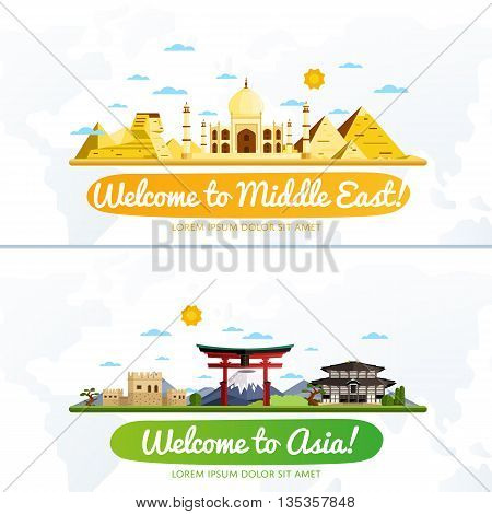 Welcome to Middle East and Asia travel flat vector illustration. Journey around the world. World traveling concept. Middle East travel and Asia travel banners. Worldwide discover. Travel concept. World travel background. Travel banners. Time to Travel