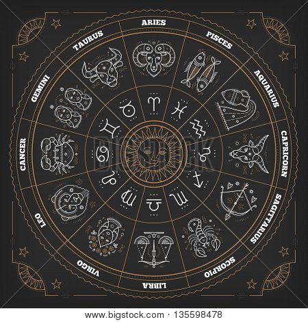 Zodiac circle with horoscope signs. Thin line vector design. Astrology symbols and mystic signs.