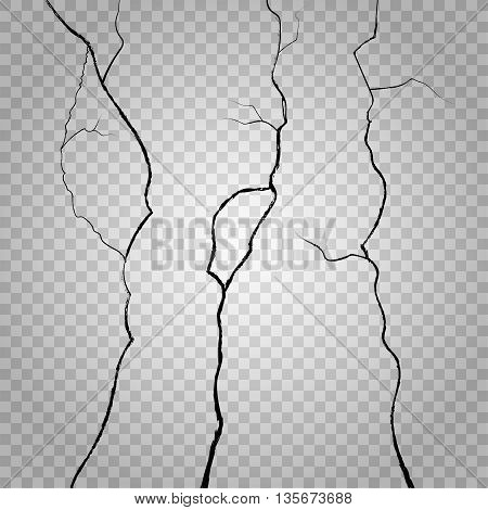 Vector wall cracks on transparent checkered background. Crack rough, effect crack wall, surface crack or break wall, destruction wall illustration