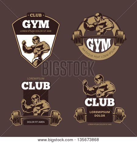 Fitness and bodybuilder sports retro emblems, labels, badges, logos. Retro gym bodybuilding club, sport club gym, label logo bodybuilding gym fitness, gym fitness emblem, vector illustration