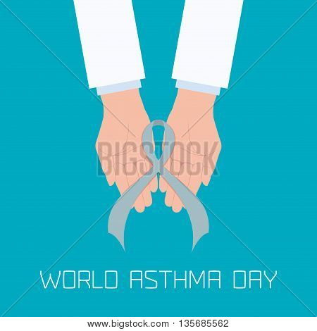 World Asthma Day concept with doctor hands holding a grey ribbon. Helping hand. Bronchial asthma awareness sign. National asthma day. Asthma solidarity day. Vector illustration.