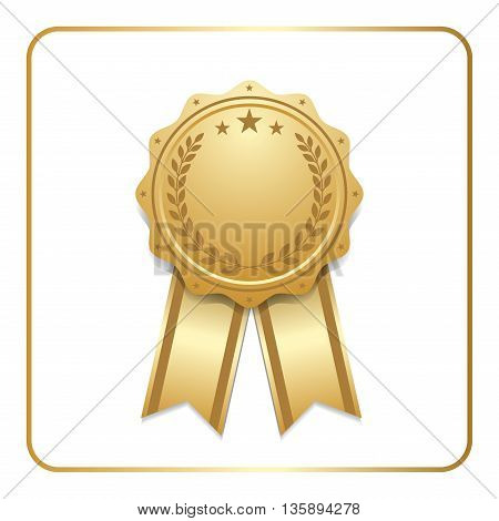 Award ribbon gold icon. Blank medal with laurel wreath isolated on white background. Stamp rosette design trophy. Golden symbol of winner, celebration, sport competition, champion. Vector illustration