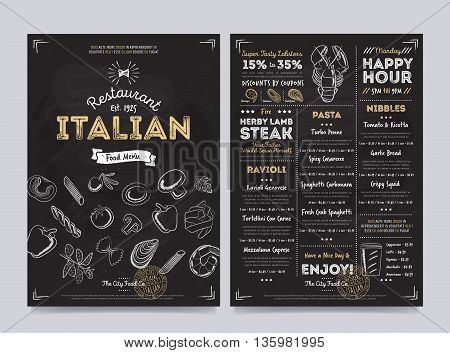 Italian cafe flyer. Hand drawings Italian food elements on chalkboard. Vintage menu on chalkboard. Menu card. Italian restaurant menu design on chalkboard. Italian cafe menu. Italian food menu template. Italian restaurant flyer vintage design vector illus