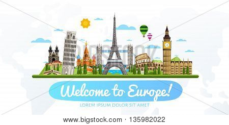 Welcome to Europe travel background. Europe travel landmark and famous travel place. World traveling concept flat vector illustration. Famous Europe buildings. Europen architecture in cartoon style. Europe. World travel background. Travel banners. Travel.