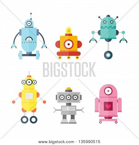 Set Cute Robots. Future robots. Flat design vector illustration.