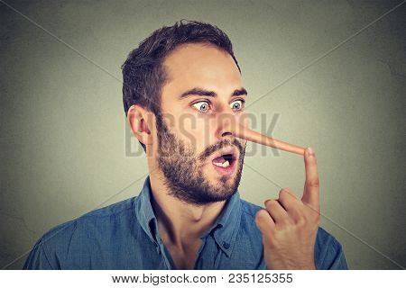 Man With Long Nose Isolated On Grey Wall Background. Liar Concept. Human Face Expressions, Emotions,