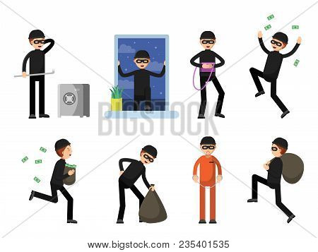 Set Of Criminal Characters Isolate On White. Vector Criminal Character, Man Crime Burglar, Thief And