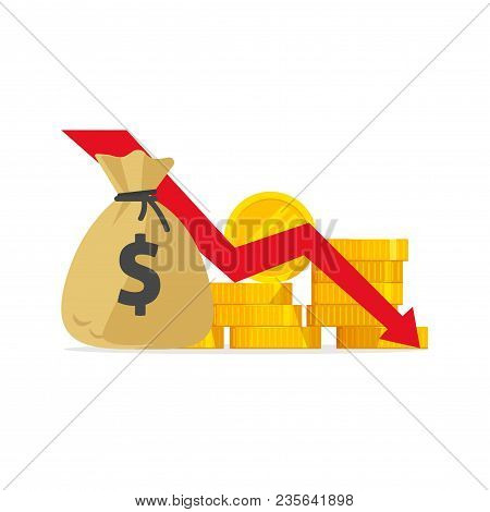 Money Loss Vector Illustration, Flat Cartoon Cash With Down Arrow Stocks Graph, Concept Of Financial