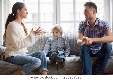 Frustrated Little Boy Son Scared With Mom And Dad Fighting At Home, Sad Stressed Child Suffers From 