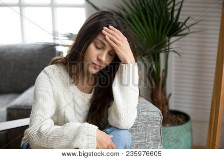 Frustrated Tired Young Woman Feeling Strong Headache Touching Forehead, Depressed Upset Girl Sufferi