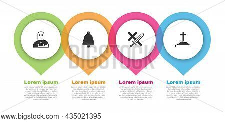 Set Knight Crusader, Church Bell, Crusade And Grave With Cross. Business Infographic Template. Vecto