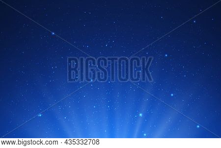 Night Sky Background With Lights. Dark Universe And White Stars. Cosmos Texture And Spotlights. Real