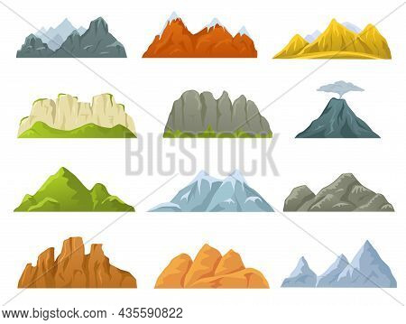 Cartoon Mountains Ridges, Rocky Cliffs, Snowy Peaks And Hills. Stone Cliff, Volcano, Hill, Mountain 