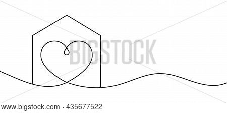 Home With Heart Line Art Drawing Vector Illustration. Continuous One Line Drawing House With Heart S