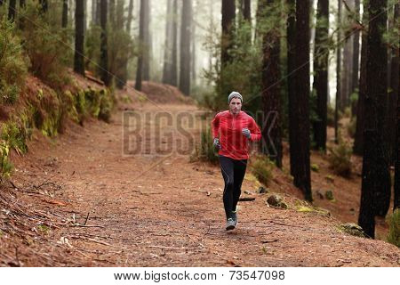 Man running in forest woods training and exercising for trail run marathon endurance race. Fitness healthy lifestyle concept with male athlete trail runner.