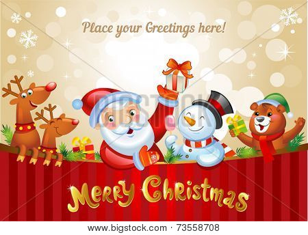 Christmas background with Santa Claus, a snowman, and other Christmas characters