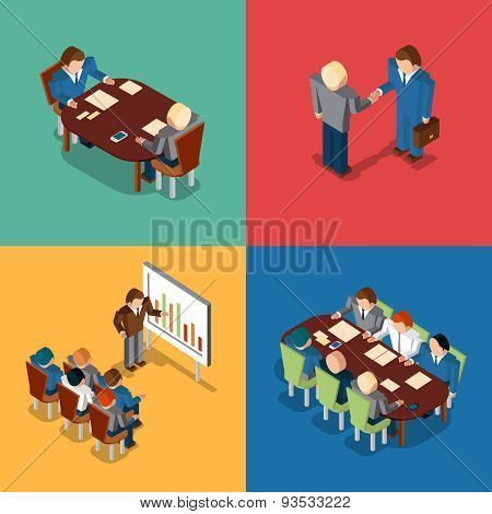 Isometric 3D business people icons. Meeting  job interview, deal handshake and presentation