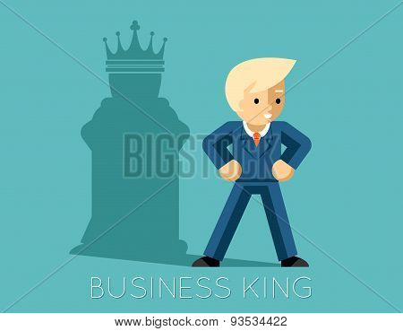 Business king. Businessman with shadow as chess king