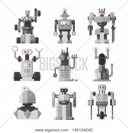 Set of cute vintage robots vector. Robots technology machine future science toys. Cyborg futuristic design robotic toy robots. Collection cute element icon character, cartoon robots.